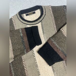 VTG 90s Y2K‎ 3D Sweater Mens XL Brown Wool Alpaca Made Italy Striped Chunky